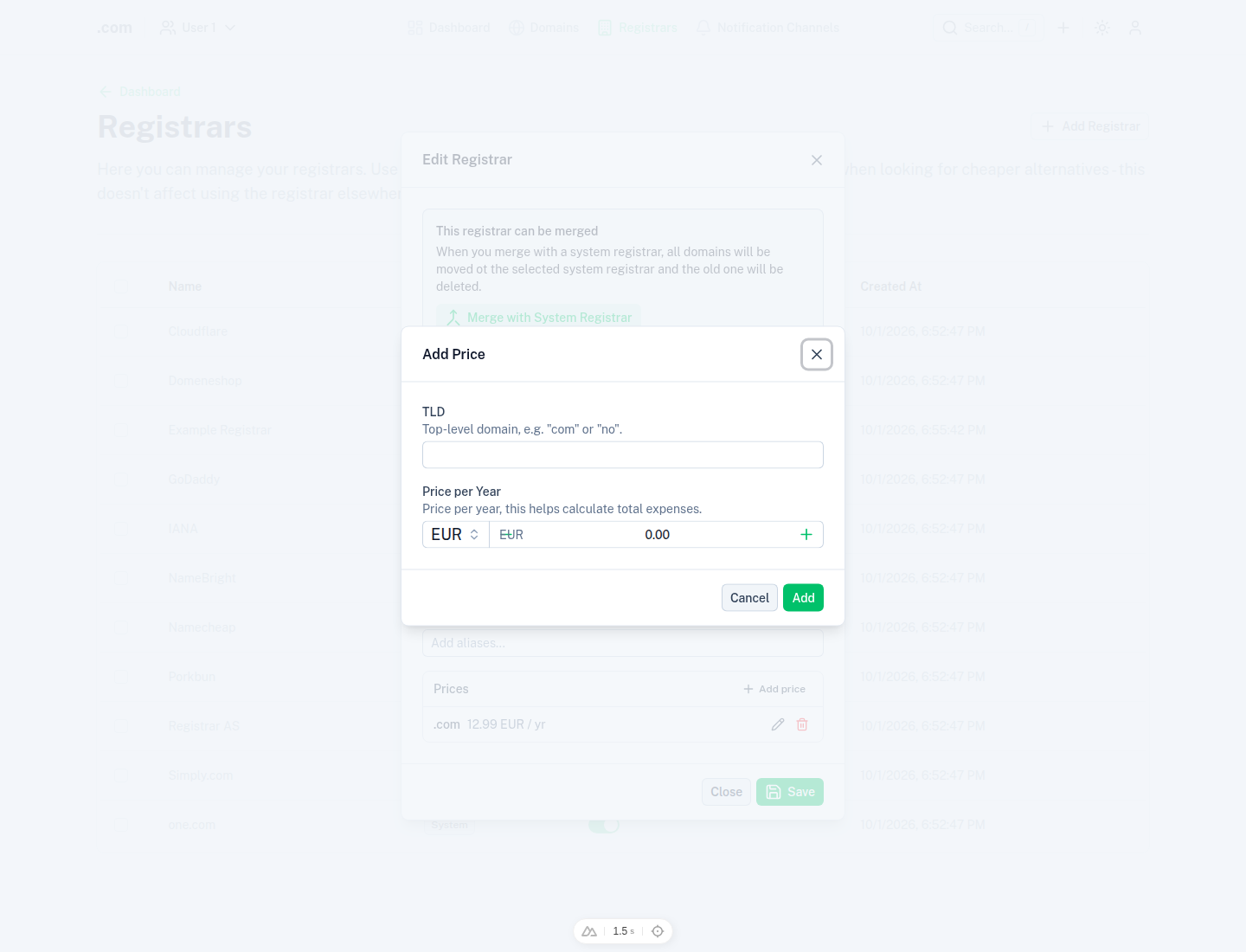 The Add Price dialog for a registrar.