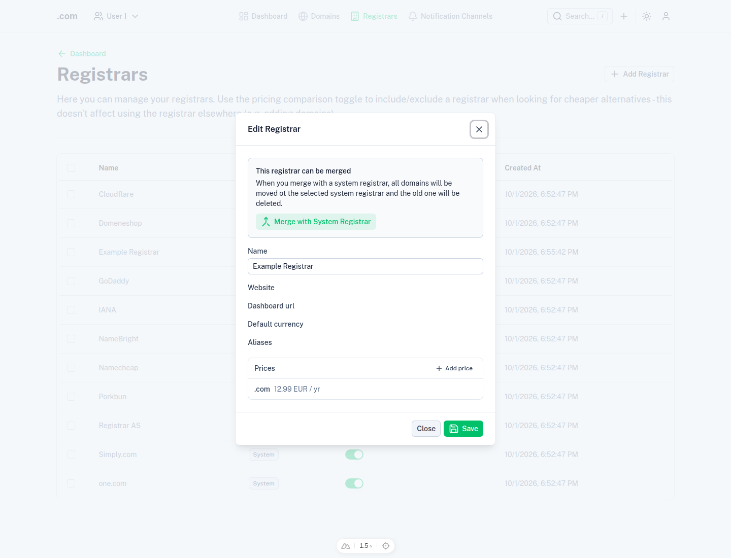 A registrar's editable details and yearly TLD prices.